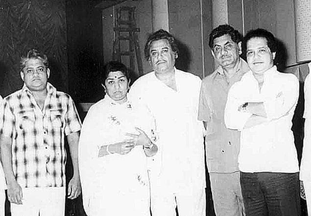 Lata with Pyarelal, Kishore Kumar, Anand Bakshi and Laxmikant